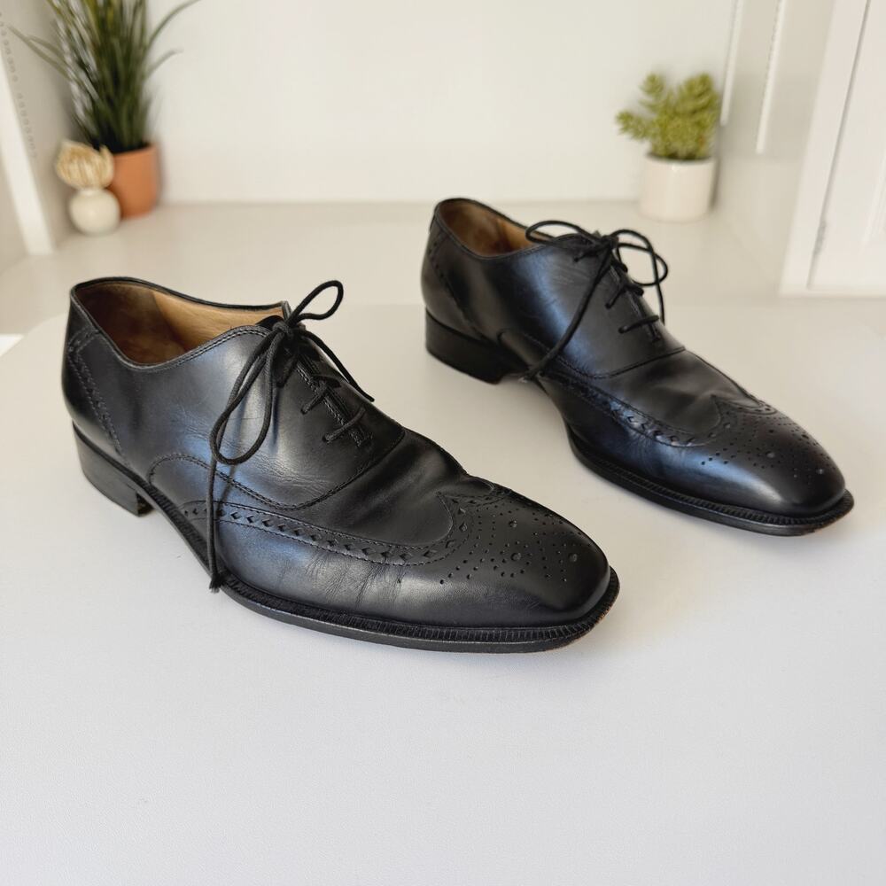 Moreschi Mens Black Leather Lace Up Wingtip Brogue Oxford Shoe Size 9